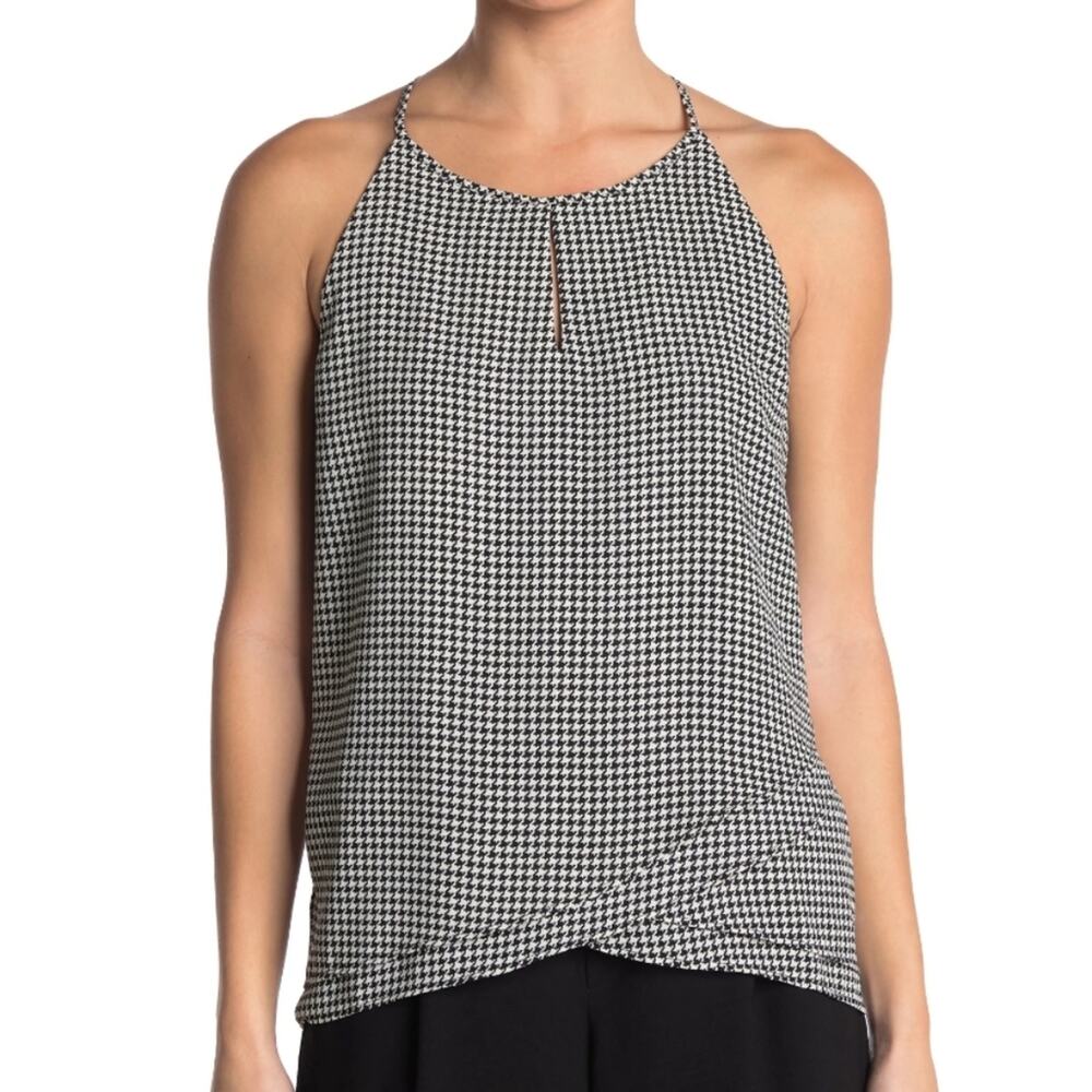 TAHARI Houndstooth Scoop Neck Sleeveless Black White Top Workwear Career S